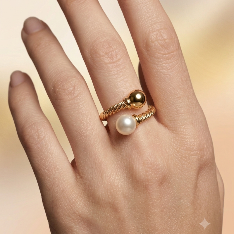 Golden Twisted Rope Pearl Stainless Steel Ring