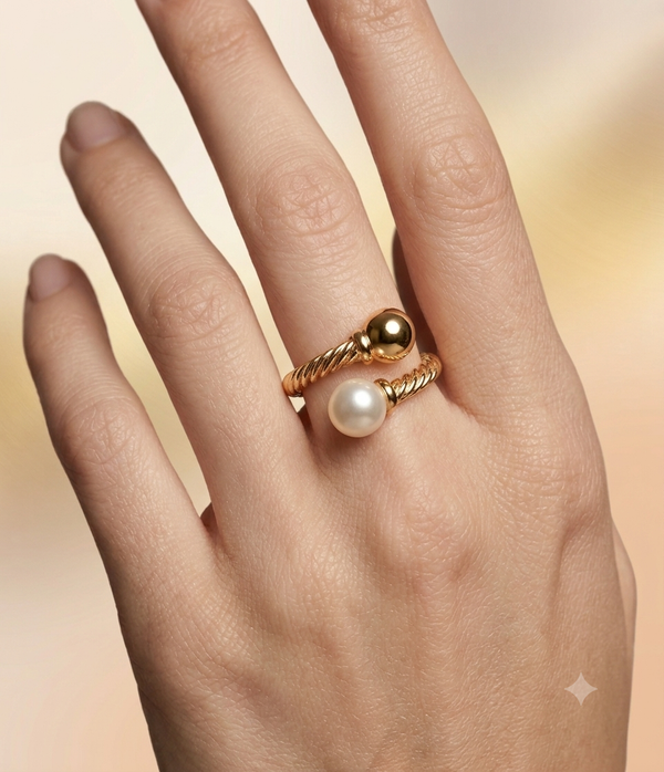 Golden Twisted Rope Pearl Stainless Steel Ring