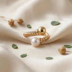 Golden Twisted Rope Pearl Stainless Steel Ring
