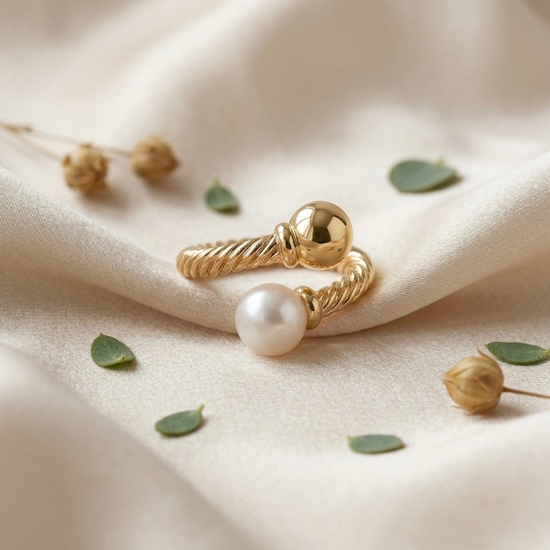 Golden Twisted Rope Pearl Stainless Steel Ring