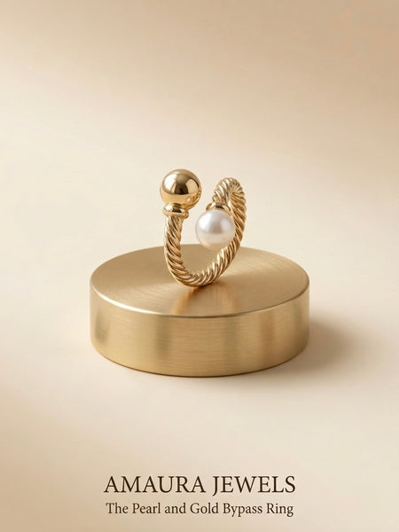 Golden Twisted Rope Pearl Stainless Steel Ring