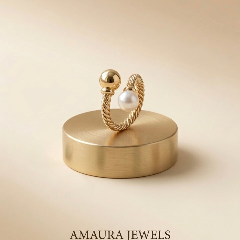 Golden Twisted Rope Pearl Stainless Steel Ring