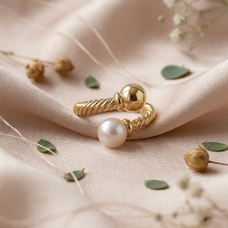Golden Twisted Rope Pearl Stainless Steel Ring