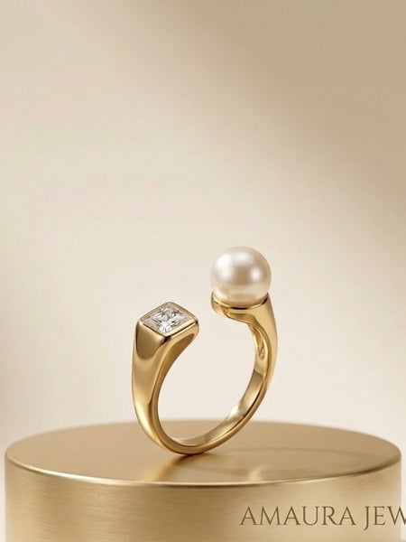 Golden Pearl & Princess Cut Stainless Steel Ring