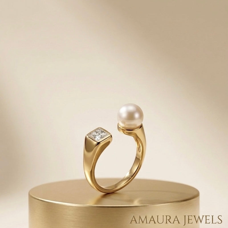 Golden Pearl & Princess Cut Stainless Steel Ring