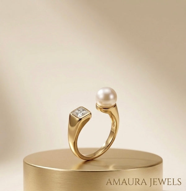 Golden Pearl & Princess Cut Stainless Steel Ring