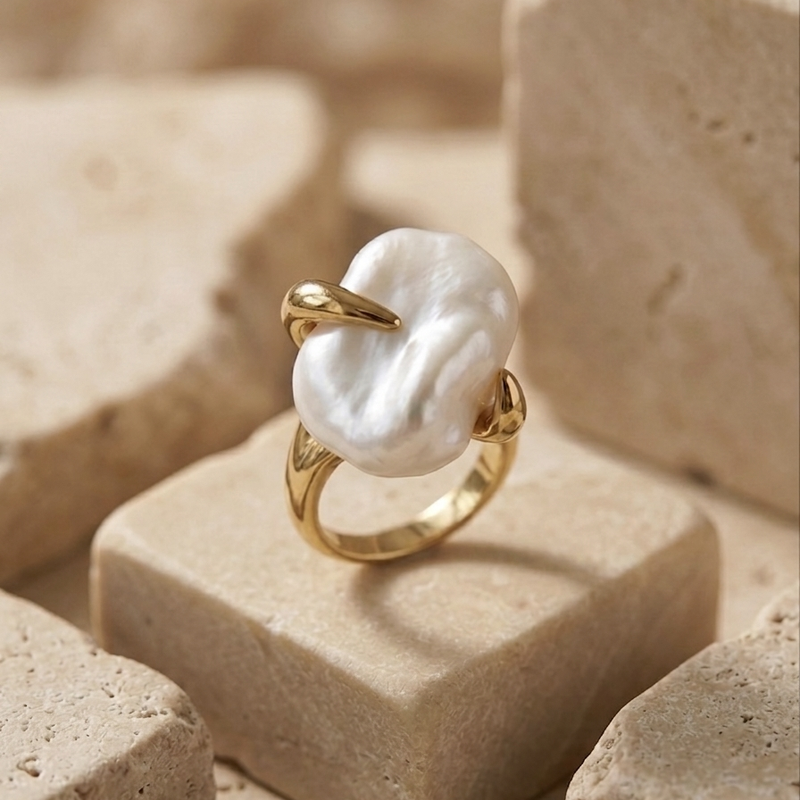 Golden Baroque Pearl Claw Stainless Steel Ring