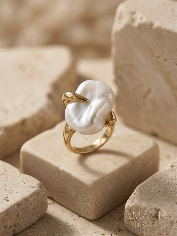 Golden Baroque Pearl Claw Stainless Steel Ring