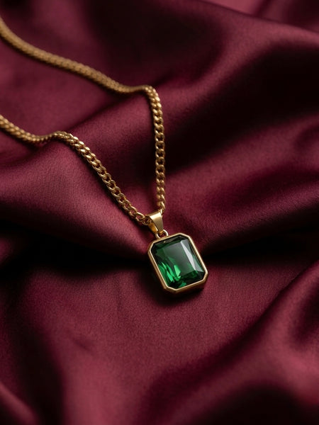 Emerald Green Stone Pendant Necklace – Gold PVD Coated Stainless Steel Chain (18