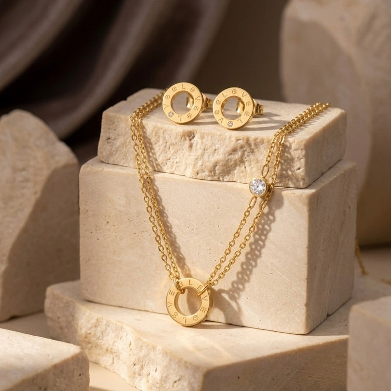 Gold PVD Stainless Steel Emerald Stone Circle Pendant Necklace