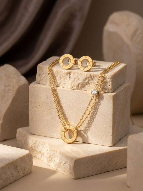 Gold PVD Stainless Steel Emerald Stone Circle Pendant Necklace