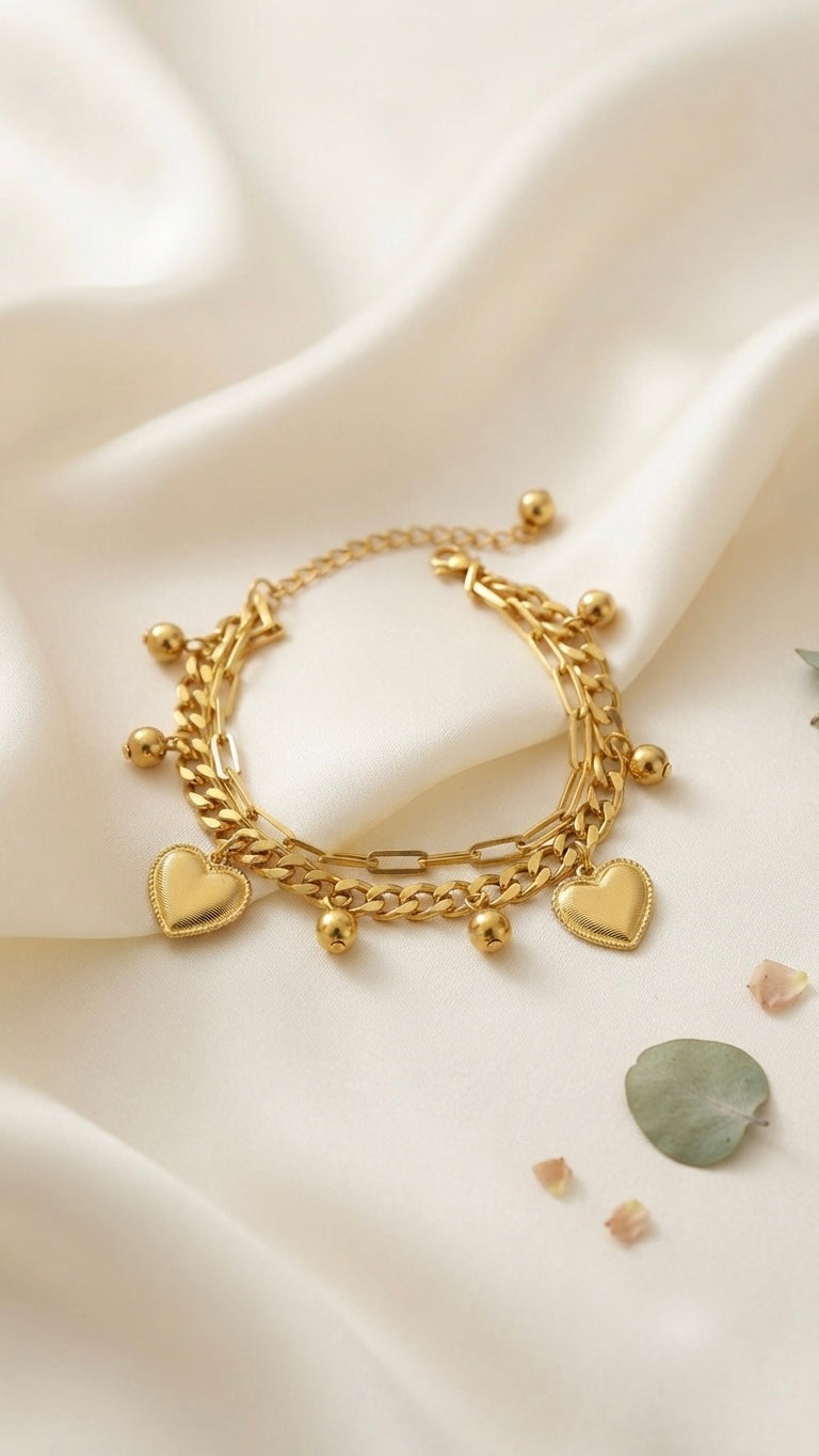 Gold Plated Golden Heart Duet Bracelet for Women