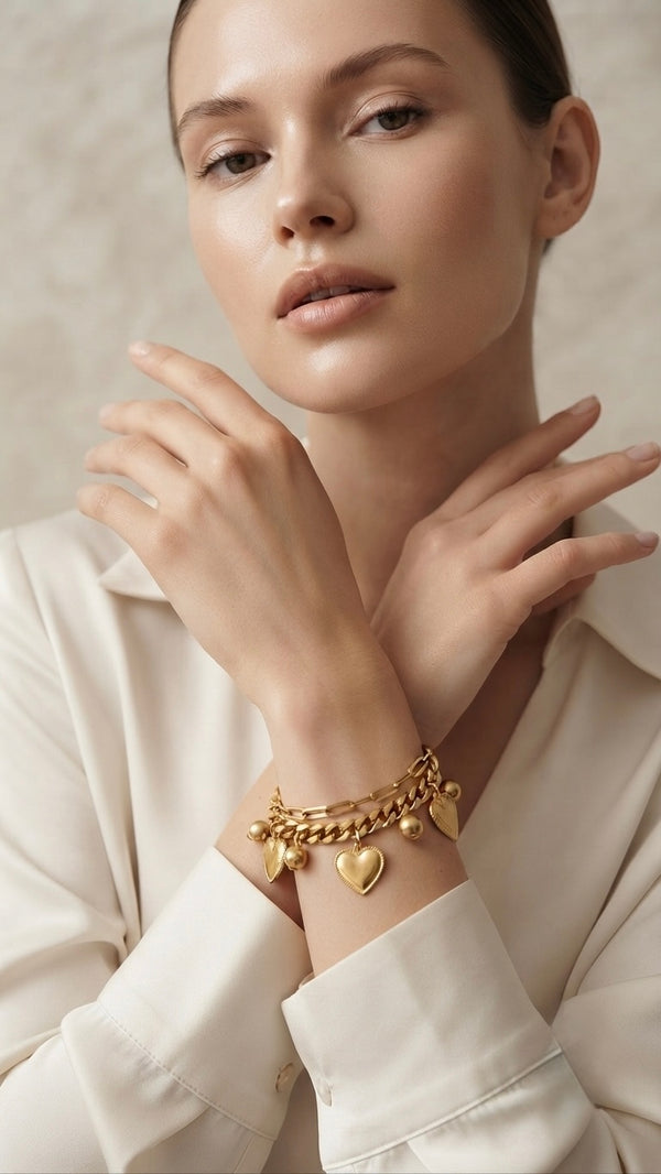 Gold Plated Golden Heart Duet Bracelet for Women