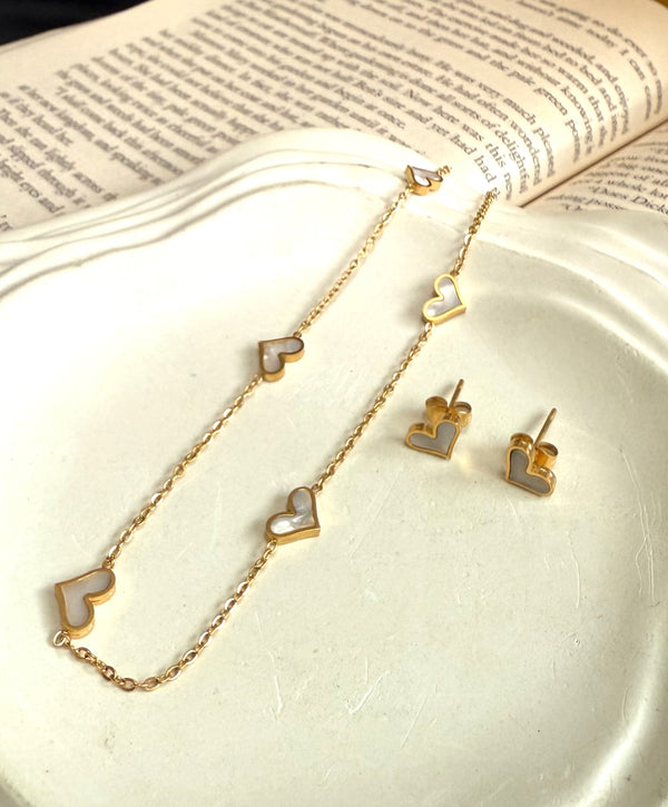 Gold Heart Necklace Set with Stud Earrings