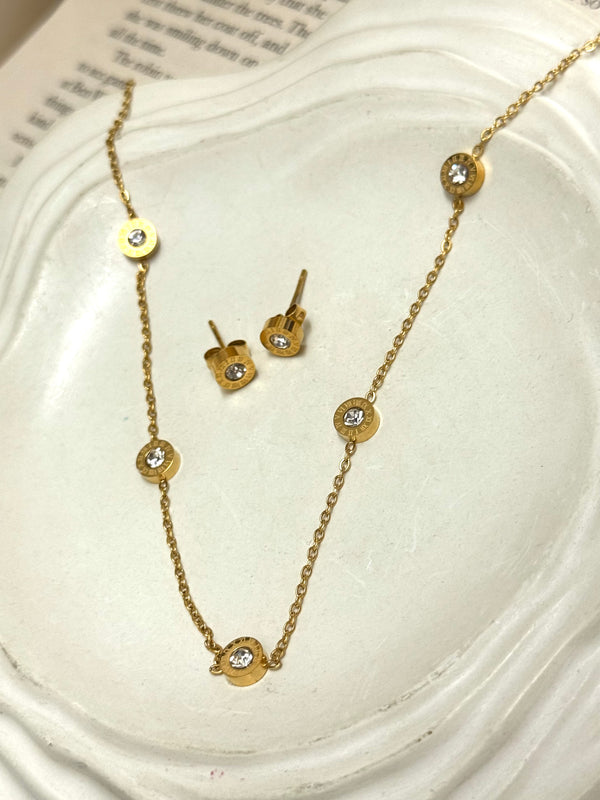 Gold Diamond Necklace Set with Stud Earrings