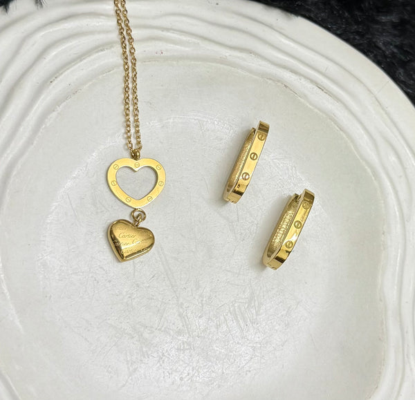 Gold Heart Necklace Set with Hoop Earrings
