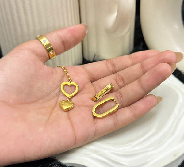 Gold Heart Necklace Set with Hoop Earrings