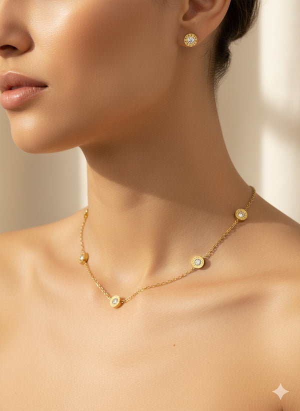 Gold Diamond Necklace Set with Stud Earrings