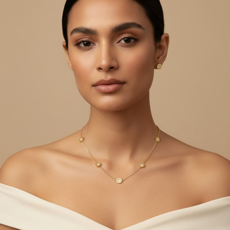 Gold Diamond Necklace Set with Stud Earrings
