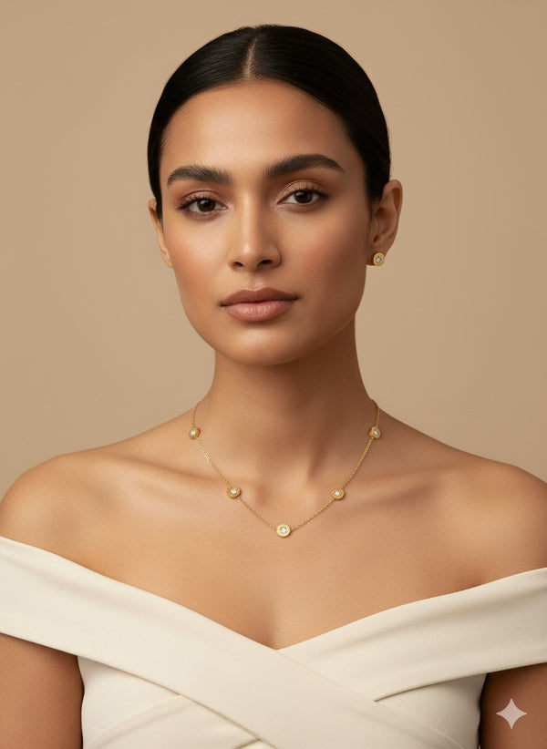 Gold Diamond Necklace Set with Stud Earrings