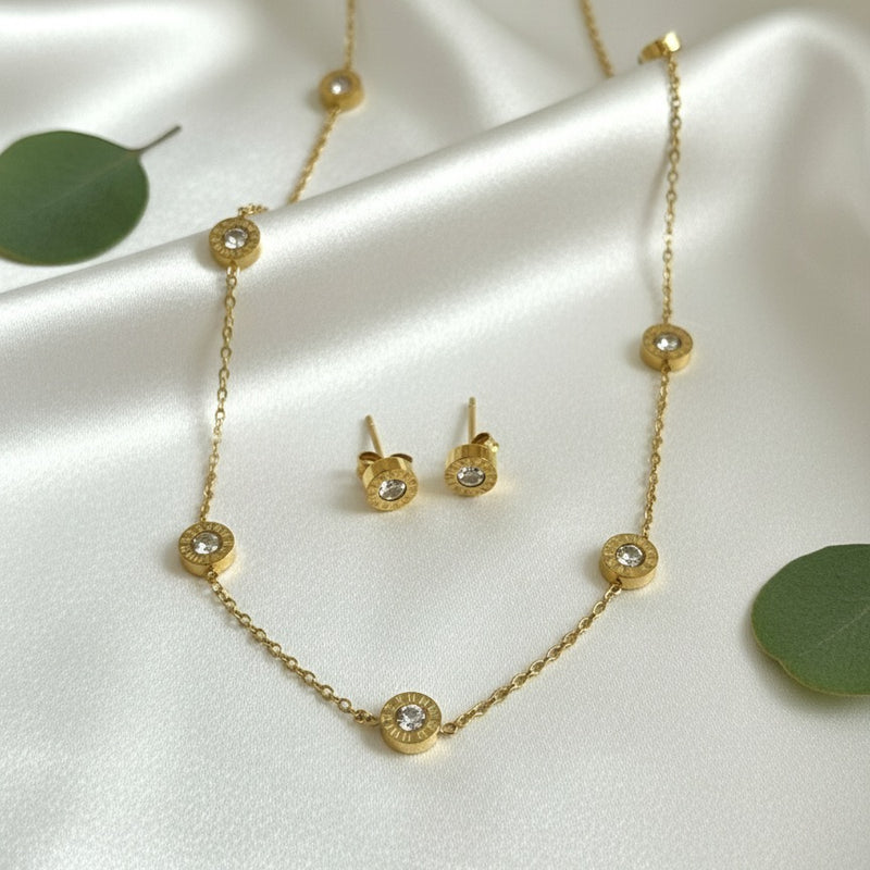 Gold Diamond Necklace Set with Stud Earrings