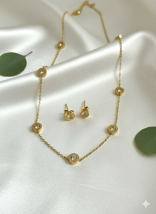 Gold Diamond Necklace Set with Stud Earrings