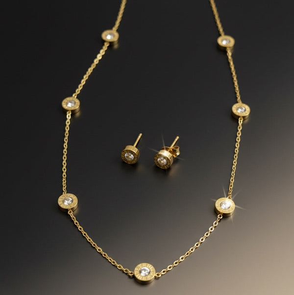 Gold Diamond Necklace Set with Stud Earrings