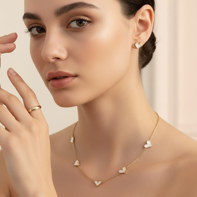Gold Heart Necklace Set with Stud Earrings