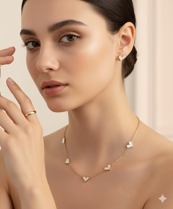 Gold Heart Necklace Set with Stud Earrings