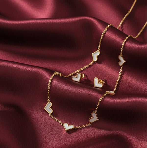 Gold Heart Necklace Set with Stud Earrings