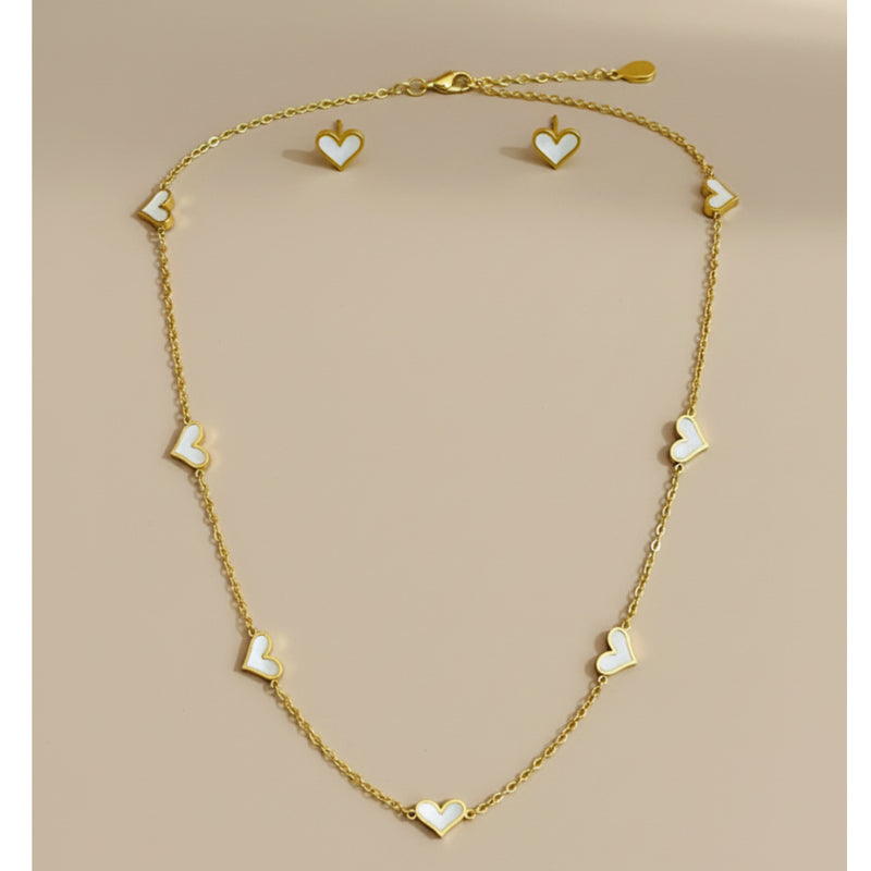 Gold Heart Necklace Set with Stud Earrings