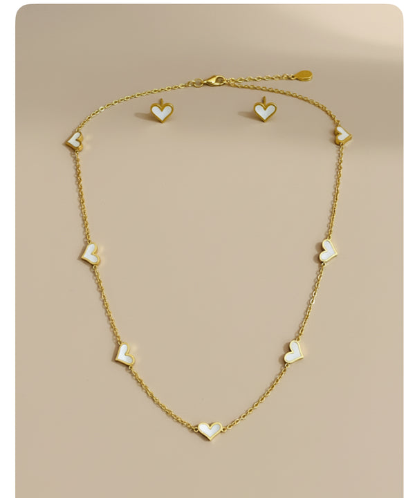 Gold Heart Necklace Set with Stud Earrings