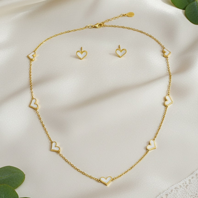 Gold Heart Necklace Set with Stud Earrings