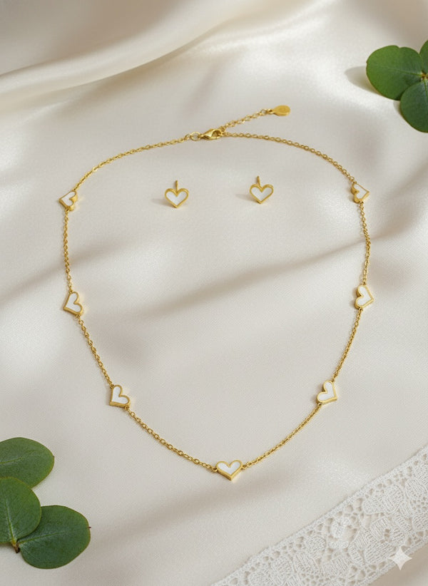 Gold Heart Necklace Set with Stud Earrings