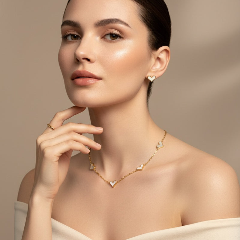 Gold Heart Necklace Set with Stud Earrings