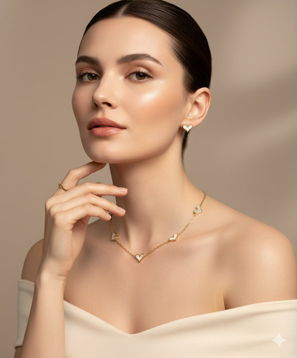 Gold Heart Necklace Set with Stud Earrings
