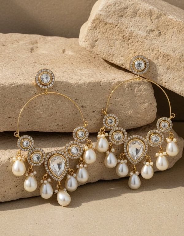 Gold-Plated Kundan; Pearl Hoop Chandbali Earrings for Women