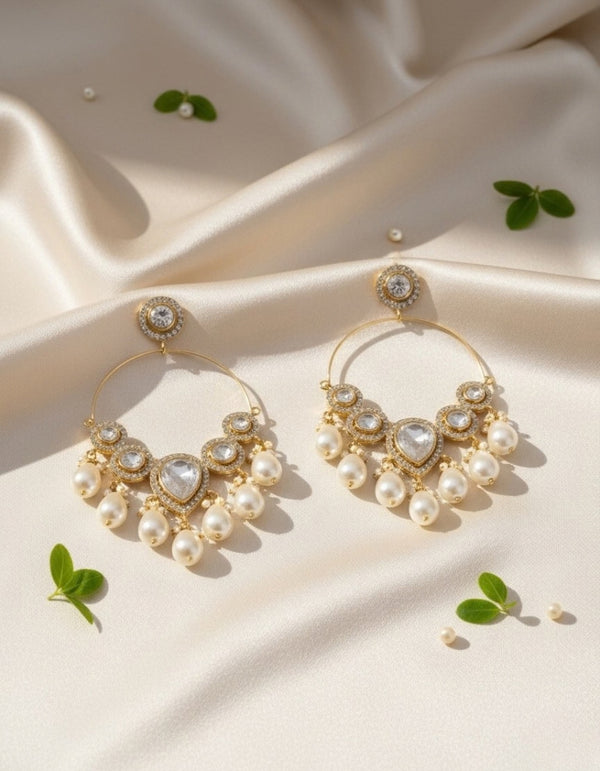 Gold-Plated Kundan; Pearl Hoop Chandbali Earrings for Women