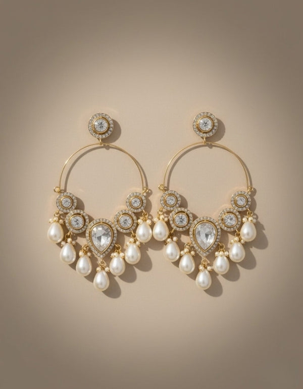 Gold-Plated Kundan; Pearl Hoop Chandbali Earrings for Women