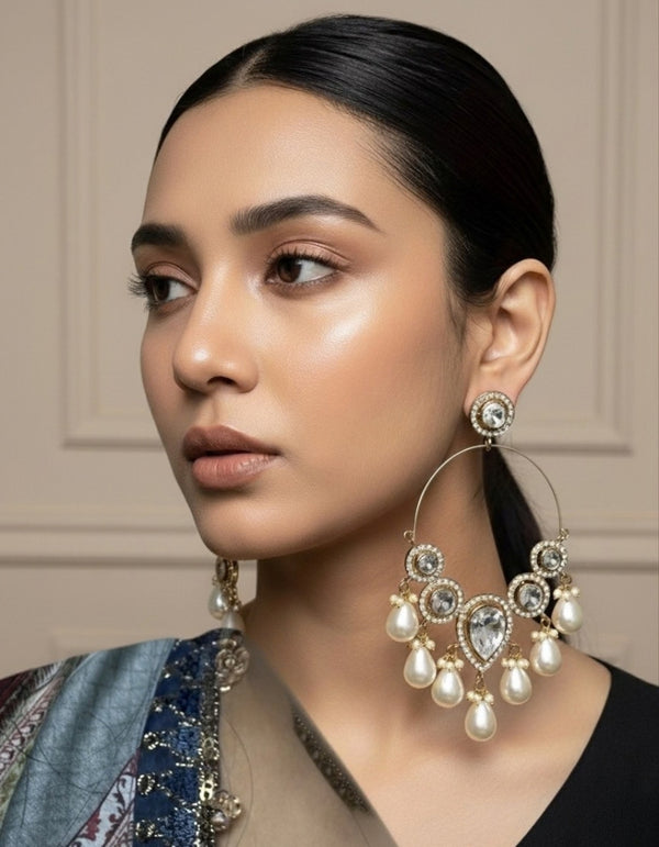 Gold-Plated Kundan; Pearl Hoop Chandbali Earrings for Women