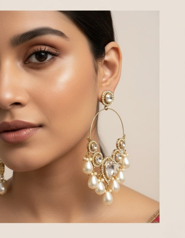 Gold-Plated Kundan; Pearl Hoop Chandbali Earrings for Women